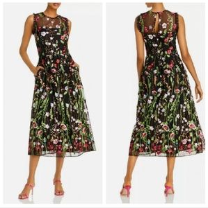 NWT Aqua Floral Embroidered Ruffled Black MeshEvening Cocktail Midi Dress